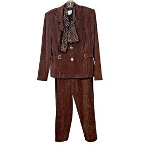 Rich Chocolate Faux-Suede 2-Piece Pant Suit w/ Leopard Scarf • Petite 8 • Retro
